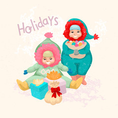 Little boy and girl with christmas gifts. Vector illustration.