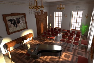 3D Render of Cartoon Character playing piano in Hall