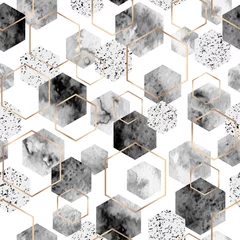 Wallpaper murals Black and white geometric modern Seamless abstract geometric pattern with gold foil outline and gray watercolor hexagons