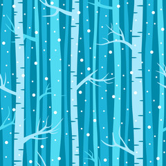 Winter forest seamless pattern with birches, trees and snowflakes on blue background