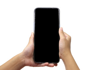 Little girl hold the black smartphone isolated on white background