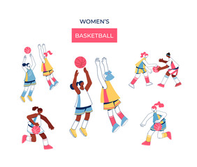Women playing basketball collection. Girls train to dribble, throw and block shot. 