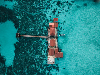 Aerial view of water chalet resort in Bum Bum Island in Semporna, Sabah, Malaysia.