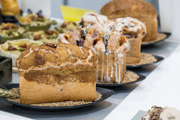 Variety of fresh yummy bread in Bread Exhibition