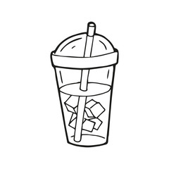 Hand drawn cold drink with ice or iced coffee takeaway cup. In doodle style, black outline isolated on a white background. Cute element for card, social media banner, stickers. Vector illustration