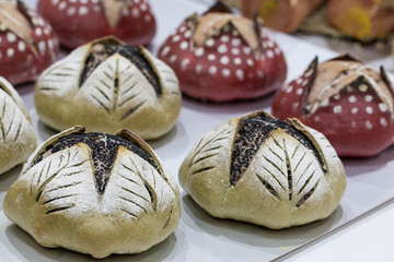 Variety of fresh yummy bread in Bread Exhibition