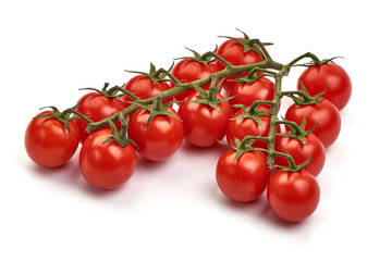 Ripe fresh organic cherry tomatoes, isolated on white background