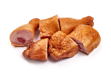 Sliced Smoked chicken drumsticks, isolated on white background