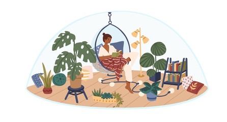 Personal space concept flat vector illustration. Selftime. Girl sitting in comfortable hanging chair, covered in blanket and reading book. Indoor garden, cute and comfy interior design.