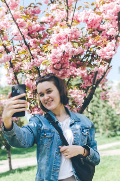 Young Woman Standing Near Cherry Blossom Tree And Take Selfie