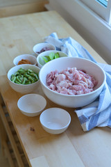 Raw material for stir Fried Pork with curry paste and yardlong bean.