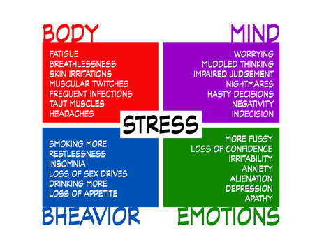 Stress diagram with impact on body, mind, behavior and emotions