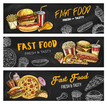 Fast food burgers and sandwiches menu, vector sketch banners. Fastdood restaurant and foodcourt bistro menu pizza, cheeseburger and hot dog, chicken leg grill, french fries, soda drink and popcorn