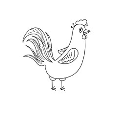 Black and white illustration of a rooster in cartoon style. Cute rooster on a white background. Isolated object for your design and coloring.