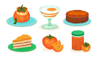 Persimmon Desserts Collection, Stuffed Fruit, Cake, Sorbet, Jam Jar Vector Illustration