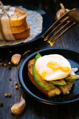 Balancing avocado and egg garlic toast with garlic. Set of healthy lifestyle products.