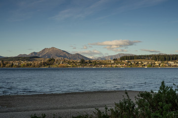 View of Wanaka town ship from Lake Wanaka shore.
