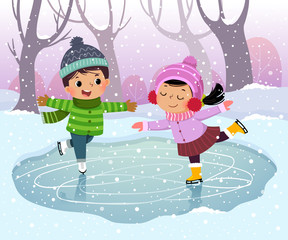 Vector illustration cartoon of cute boy and girl kids ice skating in winter snowy landscape. - 308688176