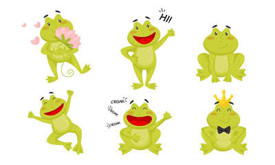 Obraz premium Cute Funny Little Frog Cartoon Character Collection, Adorable Frog Amphibian Animal in Different Situations Vector Illustration