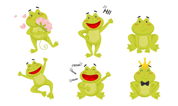 Cute Funny Little Frog Cartoon Character Collection, Adorable Frog Amphibian Animal in Different Situations Vector Illustration