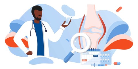 Doctors research human bones. Joint knee part pain. Human anatomy health care medical concept. World arthritis day in October, Osteoporosis banner. Orthopedics doctor. For landing page, banner