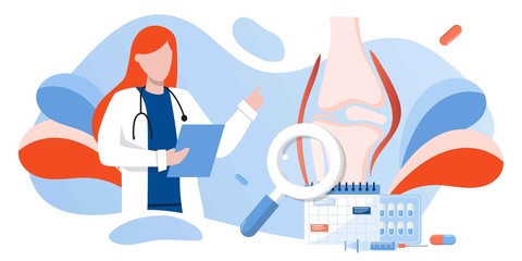 Doctors research human bones. Joint knee part pain. Human anatomy health care medical concept. World arthritis day in October, Osteoporosis banner. Orthopedics doctor. For landing page, banner