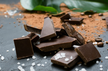 Close up of tasty pieces of dark chocolate with salt, coffee bean and cocoa powder on the dark surface