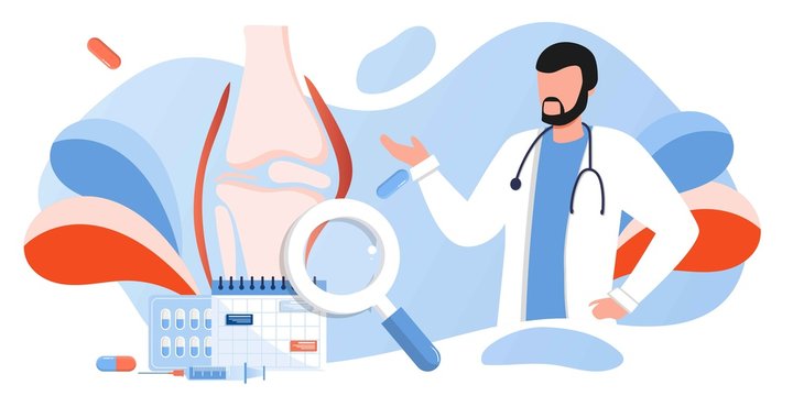 Doctors research human bones. Joint knee part pain. Human anatomy health care medical concept. World arthritis day in October, Osteoporosis banner. Orthopedics doctor. For landing page, banner - Powered by Adobe