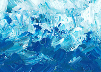 Abstract oil palette knife painting background. Blue and white brush strokes on paper. Ice texture.