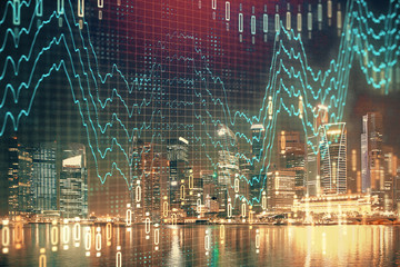 Financial chart on city scape with tall buildings background multi exposure. Analysis concept.