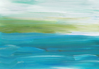 Abstract oil painting background texture. Green, blue, white brush strokes on paper. Colorful elegant art backdrop.  