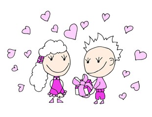 Valentine's Day. Cute hand drawn Boy and Girl isolated on a hearts background. Vector illustration.