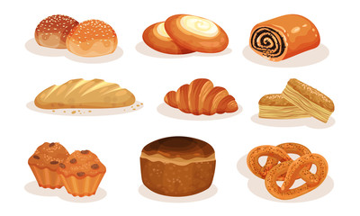 Bakery Pastry Products Collection, Bread, Pretzel, Roll, Bun, Muffin, Cheesecake Vector Illustration
