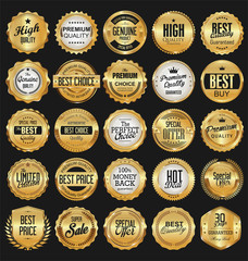 Collection of golden badges labels laurels and ribbons 