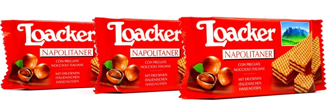Italy - September 2, 2019: LOACKER Napolitaner Wafers. Crispy wafers with smoothest Napolitaner hazelnut cream