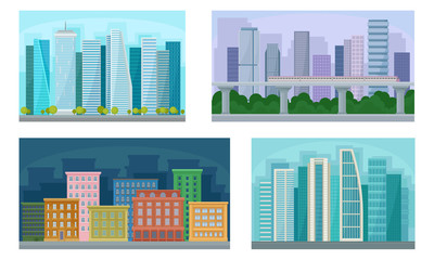 Urban Landscape Set, City Streets with Buildings, Trees and Cars Vector Illustration