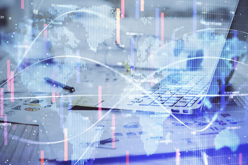 Multi exposure of business theme icons and work space with computer background. Concept of success.