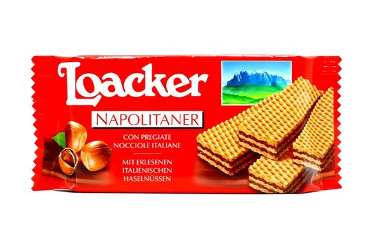 Italy - September 2, 2019: LOACKER Napolitaner Wafers. Crispy wafers with smoothest Napolitaner hazelnut cream