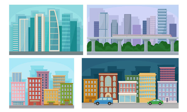 Urban Landscape Set, City Streets with High Skyscrapers, Modern Buildings and Cars Vector Illustration
