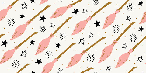 seamless witch pattern with flying pink brooms - obrazy, fototapety, plakaty