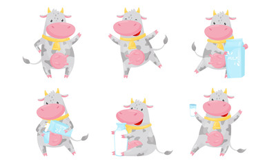 Cute Spotted Cow Cartoon Character Collection, Funny Humanized Farm Animal in Various Action Poses with Milk Packagings Vector Illustration