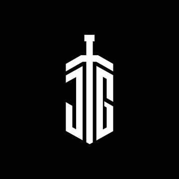 JG logo monogram with sword element ribbon design template