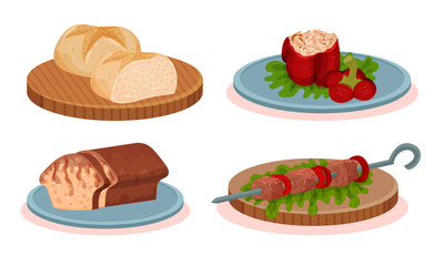 Bulgarian Cuisine National Food Dishes Collection, Stuffed Baked Pepper, Fresh Bun ,Barbeque Kebab, Romanian Cozonac Easter Bread Vector Illustration