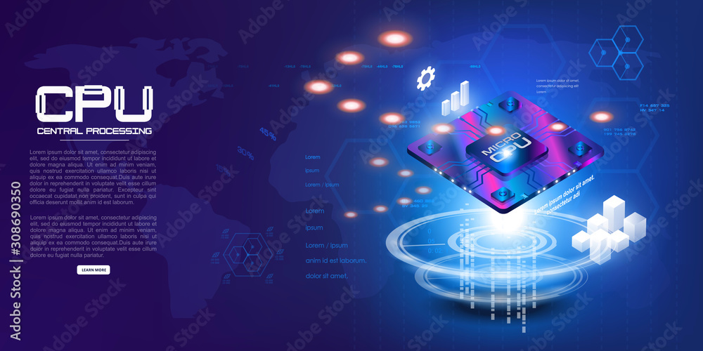 Poster futuristic projection of the microchip of the future. 3d closeup of cpu for web design. concept with