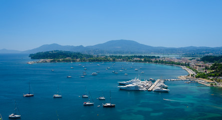 Fototapeta na wymiar Yachts in Marina of Corfu Town, seen from above