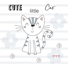 Hand Drawn cute Funny Cartoon vector cat print