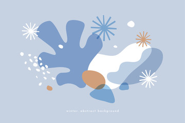 Winter illustration with abstract colorful shapes and snowflakes. Decorative pattern in the style of modern art. Universal vector illustration for your design in a flat style.