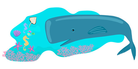 Sea illustration. Cachalot looks at mollusks. Corals on the seabed. Vector illustration