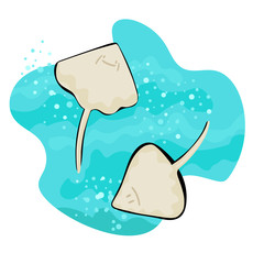 A pair of stingrays smiling sweet face. Children illustration of sea animals. Vector object