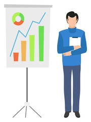 Board with statistical data information, color graphs and charts and faceless guy with folder in hands isolated cartoon character. Vector join to our team poster